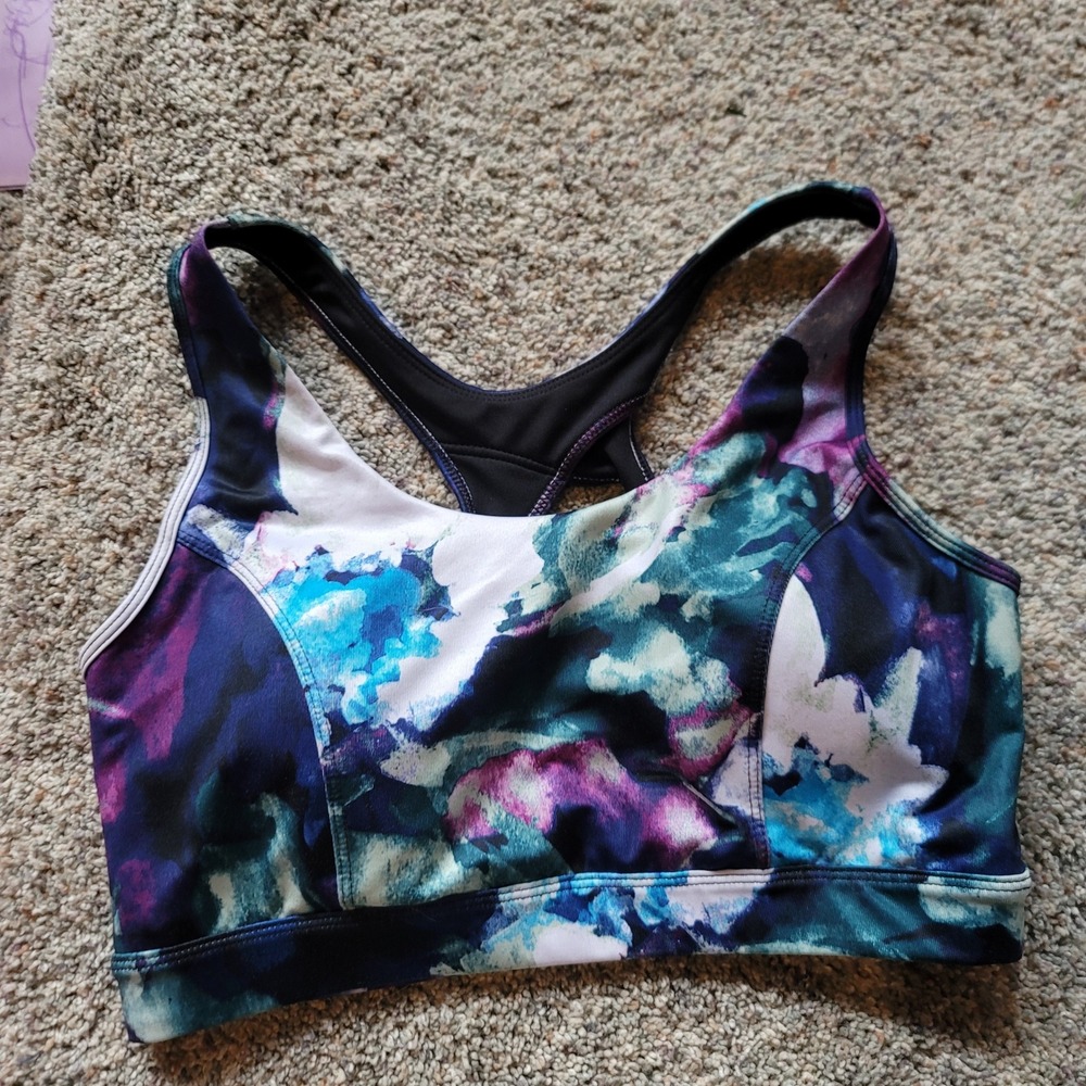 Tek Gear Womens Watercolor Abstract Racerback Sports Bra Purple‎ Teal Blue Large